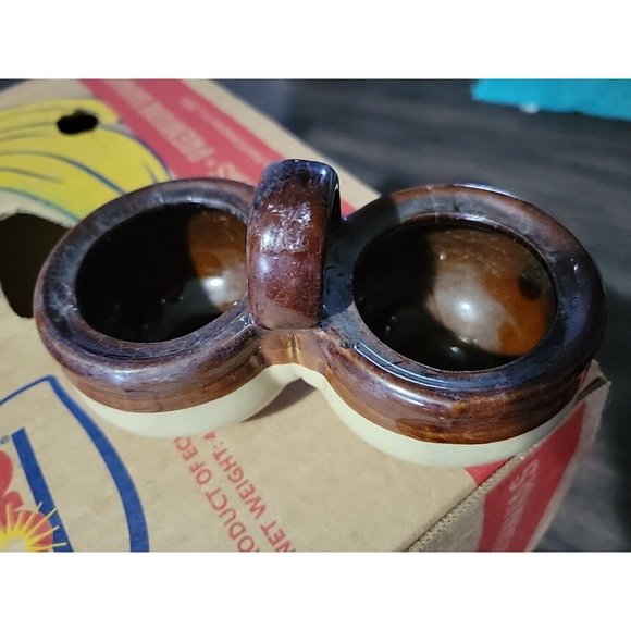 2 Tone Brown Beige Pottery Double Condiment Dish Vintage 6x3in Grannycore - Picture 1 of 8